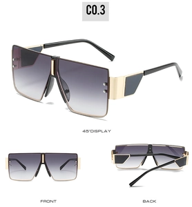 Detailed views of oversized square gradient sunglasses with gold metal geometric frames