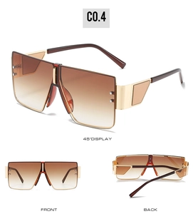 Three-angle view of oversized square sunglasses with brown gradient lenses and gold frames