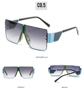 Detailed views of oversized square sunglasses with sky blue frames and gradient lenses