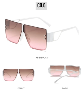 Three-angle views of oversized white square sunglasses with pink gradient lenses