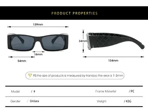 Größentabelle für quadratische Sonnenbrille mit Maßen und Materialspezifikationen