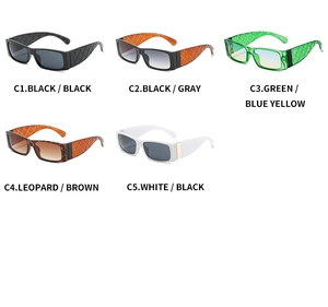 Detailansicht der Retro-Quadrat-Sonnenbrille mit Bügeln in Litschi-Struktur in fünf Farben