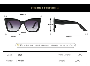 Detailed size chart for cat eye sunglasses featuring dimensions of black PC frame and lenses