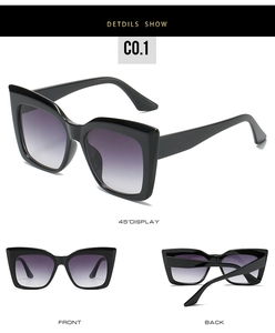 Detailed multi-angle views of black oversized cat eye sunglasses with gradient lenses