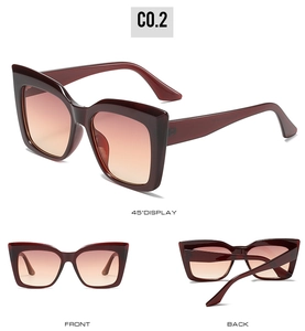 Macro display of cat eye sunglasses showing front back and 45 degree angles in burgundy color