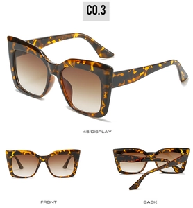 Three-way view of tortoise cat eye sunglasses with gradient lenses and model C0.3