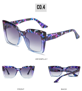 Cat eye sunglasses with blue purple camo frames and gray gradient lenses in multi-view