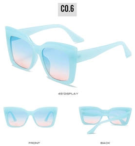 Detailed views of cat eye sunglasses with light blue frames and pink-blue gradient lenses