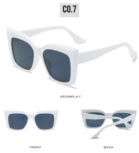Three-angle views of white cat-eye sunglasses with dark grey lenses and broad frames
