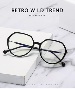 Detailed view of TR90 anti-blue light glasses frame with model specs on black temple arm