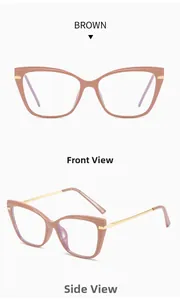 Vue avant et latérale de lunettes œil-de-chat marron avec branches dorées