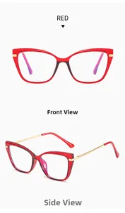 Vues de face et de profil de la monture œil-de-chat rouge TR90 avec branches dorées