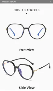 Front and side views of TR90 anti-blue light glasses with black and gold polygon frames