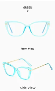 Monture de lunettes œil de chat bleu clair transparent avec branches fines en métal doré