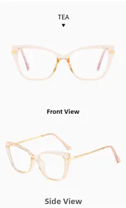 Vues détaillées de face et de profil de lunettes œil-de-chat thé avec branches dorées