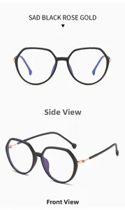 Front and side view of oversized TR90 anti-blue light glasses frames in black and rose gold