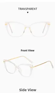 Détails de lunettes œil-de-chat transparentes avec branches en métal doré et design moderne