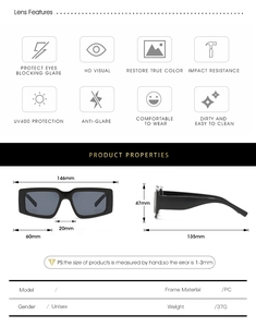 Spécifications détaillées de lunettes carrées avec protection UV400 et largeur 146mm