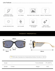 Spécifications détaillées de taille pour lunettes de soleil carrées noires avec branches en métal