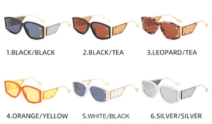 Vue détaillée présentant six variantes de couleurs de lunettes de soleil géométriques à large monture