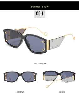 Vues détaillées multi-angles de lunettes de soleil noires surdimensionnées à branches dorées