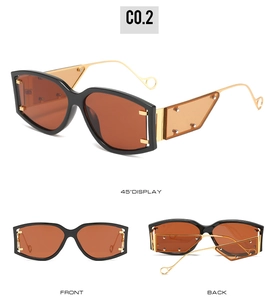 Vue détaillée multi-angles de lunettes de soleil oversize avec branches dorées et rivets