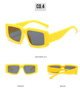 Vues détaillées de lunettes de soleil carrées jaunes avec verres foncés sous plusieurs angles