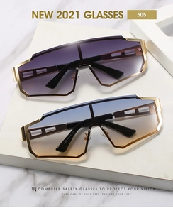 Stacked metallic oversized geometric sunglasses with purple and blue gradient lenses