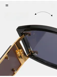 Gros plan des charnières en métal doré sur des lunettes de soleil noires brillantes