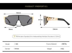 Detailed size chart for oversized metal shield sunglasses with frame dimensions in mm
