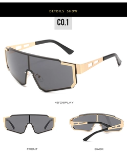 Detailed multi-angle views of punk oversized shield sunglasses with metal geometric temples