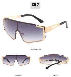 Detailed views of gold punk oversized sunglasses with purple gradient lenses and geometric arms
