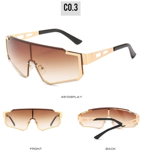Three views of oversized punk metal goggles with gold frames and brown gradient lenses