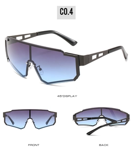 Three angles of punk oversized sunglasses with purple blue gradient lenses and hollow frame