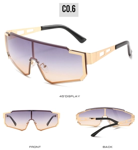 Three-view display of punk shield sunglasses with gradient lenses and gold frames