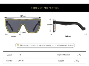 Detailed size chart for oversized shield sunglasses with PC frame and unisex dimensions