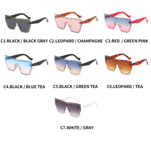 Matrix display of seven oversized flat-top sunglasses in various frame and lens colors