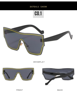 Macro view of oversized shield sunglasses with yellow trim and three-way product perspectives
