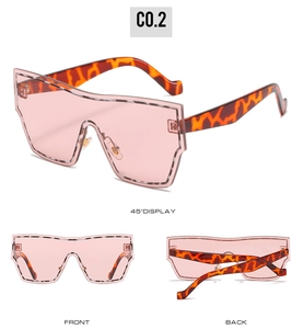 Three views of pink shield sunglasses with tortoiseshell frame from front back and side