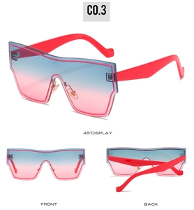 Three views of oversized fashion shield sunglasses with red frames and blue-pink lenses
