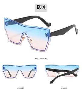 Three-angle view of oversized square sunglasses with blue pink gradient lenses