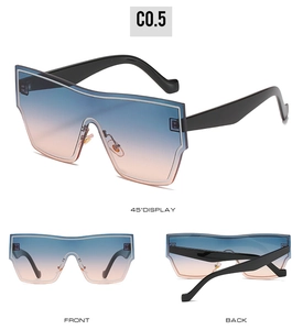 Three views of oversized shield sunglasses with blue-orange gradient lenses and black temples