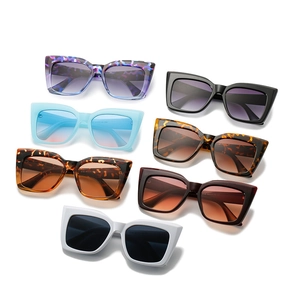 Set of trendy oversized cat eye sunglasses in seven various colors on a white background