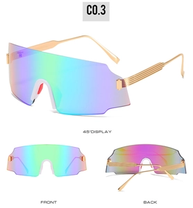 Three-angle views of large frame cycling sunglasses with iridescent shield lenses