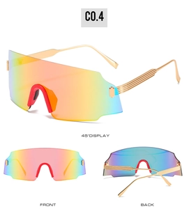 Three-way view of oversized gradient cycling sunglasses with gold metallic temples