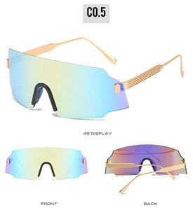 Three views of oversized cycling sunglasses with metallic gold arms and colorful laser lenses