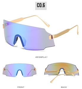 Three views of oversized cycling sunglasses with purple blue gradient mirror lenses
