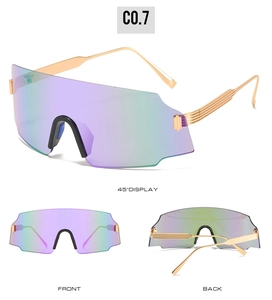 Multiple views of oversized gradient purple cycling sunglasses with gold textured temples