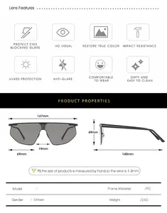 Detailed size chart for unisex oversized wraparound sunglasses with frame dimensions