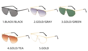 Flat lay of rimless oversized sunglasses in five gradient colors on white background